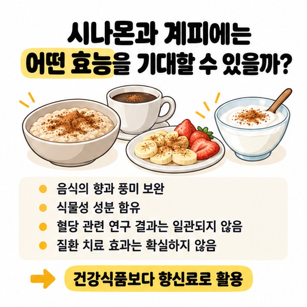 시나몬과 계피의 활용과 기대 가능한 건강 정보를 보여주는 음식과 향신료 이미지
