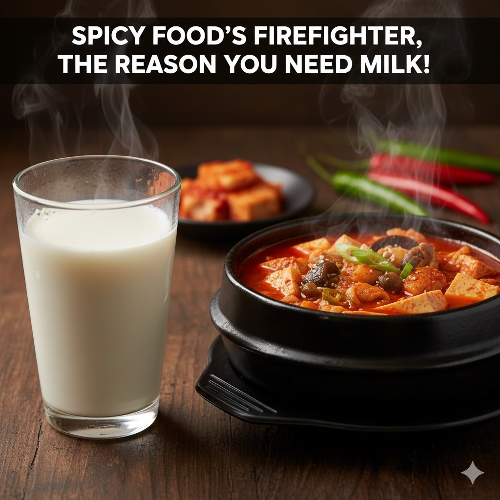 매운 음식 옆에 놓인 시원한 우유 한 잔