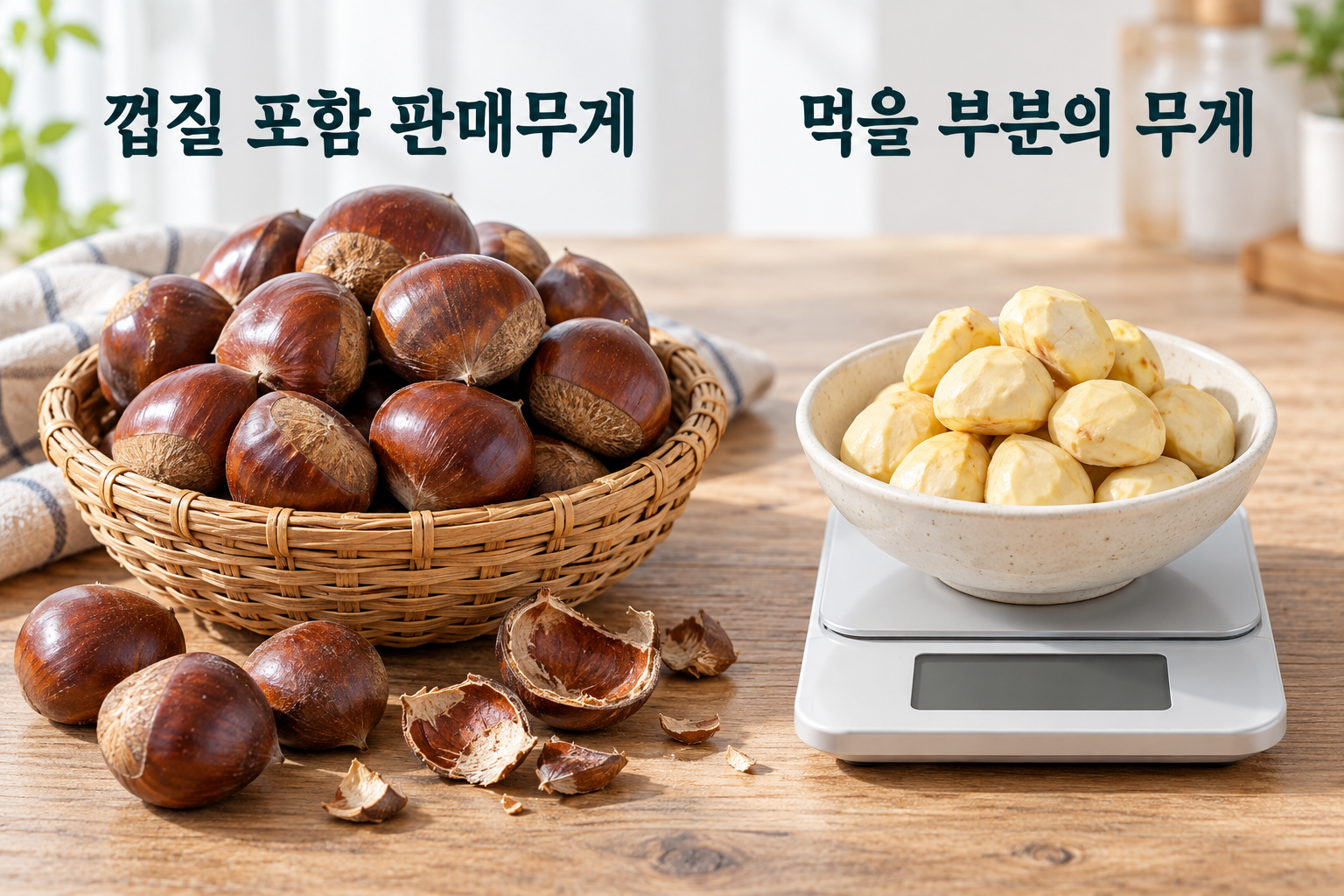 껍질이 남은 밤 바구니와 껍질을 벗긴 먹을 부분이 담긴 빈눈금 저울