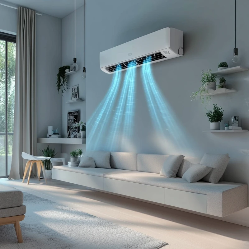 현대적 거실에서 세련된 벽걸이 에어컨이 쾌적한 환경을 제공해요. 개방형 구조의 인테리어와 미니멀한 장식이 공간을 더욱 환하게 만듭니다.