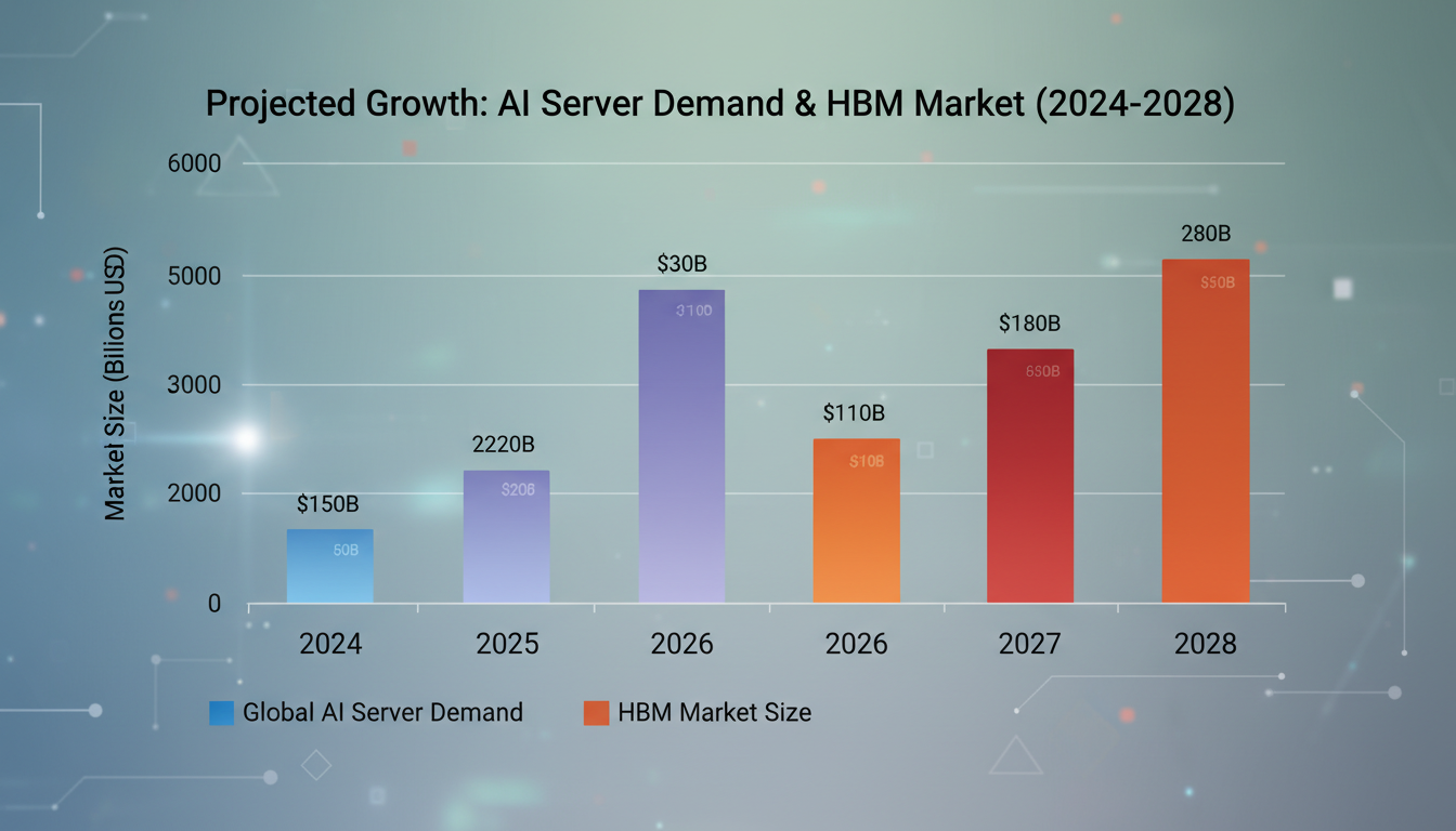 2024년부터 2028년까지 글로벌 AI 서버 수요 및 HBM 시장 규모 성장 전망 차트