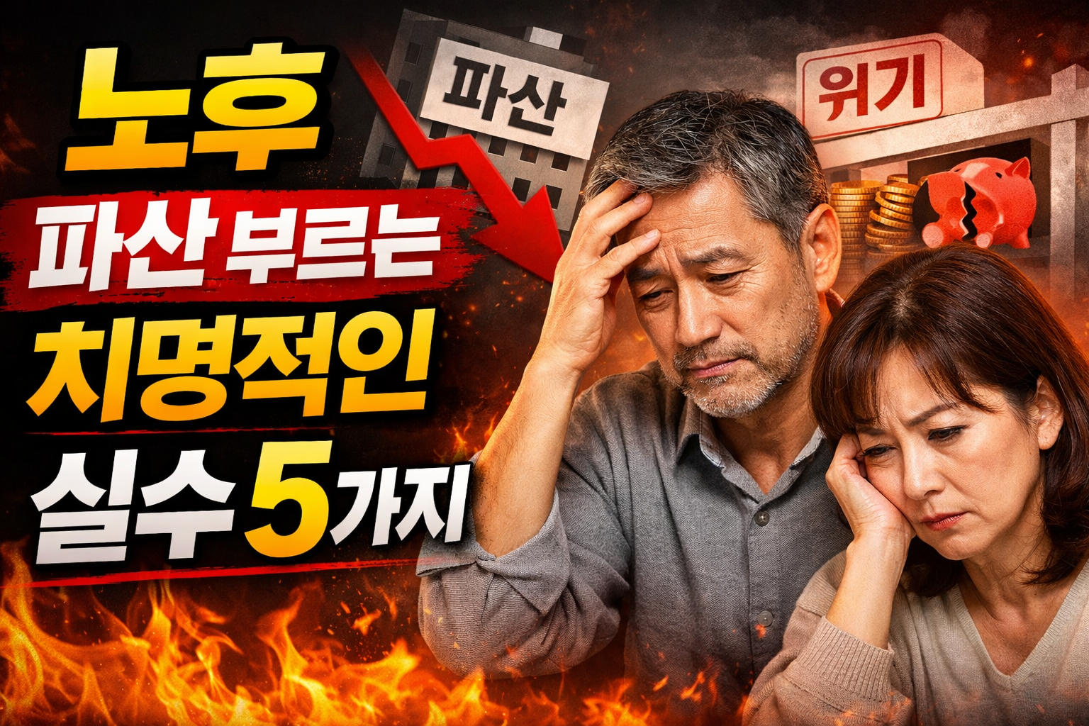 은퇴 준비 실수로 노후 파산을 부르는 치명적인 실수를 한 부부가 머리를 싸매고 걱정하고 있다.