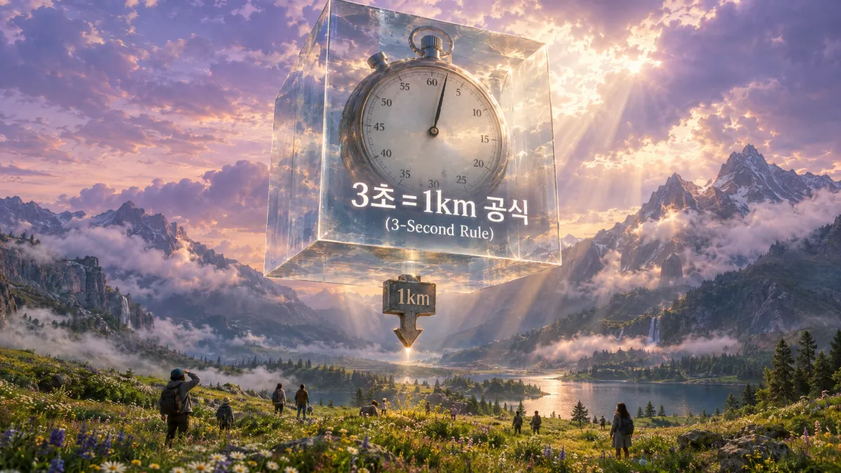 허공에 떠 있는 거대한 유리 큐브 안에서 3초를 가리키는 스톱워치 시계 바늘과 풀밭으로 꽂힌 1km 거리 표지판이 결합되어 번개와 천둥 사이 3초당 1km 거리 계산 공식을 직관적으로 설명하는 초현실 다이어그램