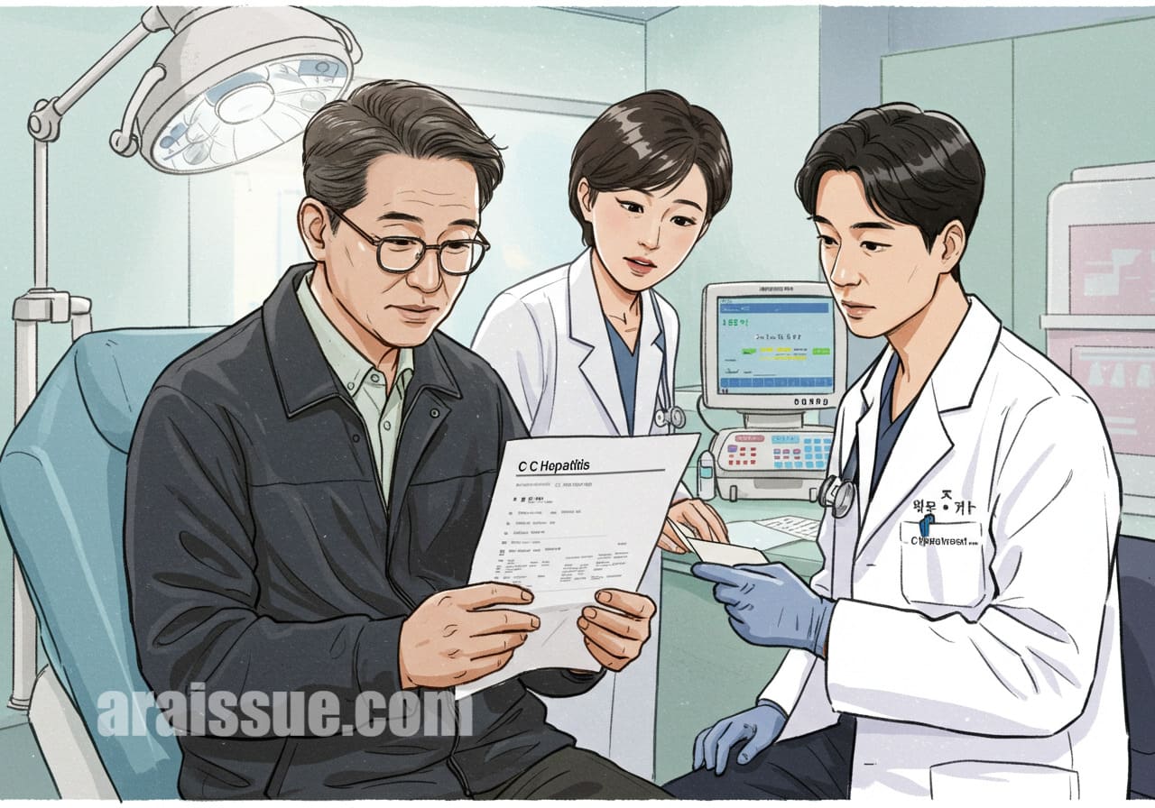 50대 남성이 C형 간염 검사 결과를 받는 장면.
