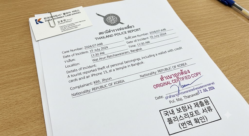 국내 여행자 보험 청구용 폴리스리포트 서류 및 스마트폰