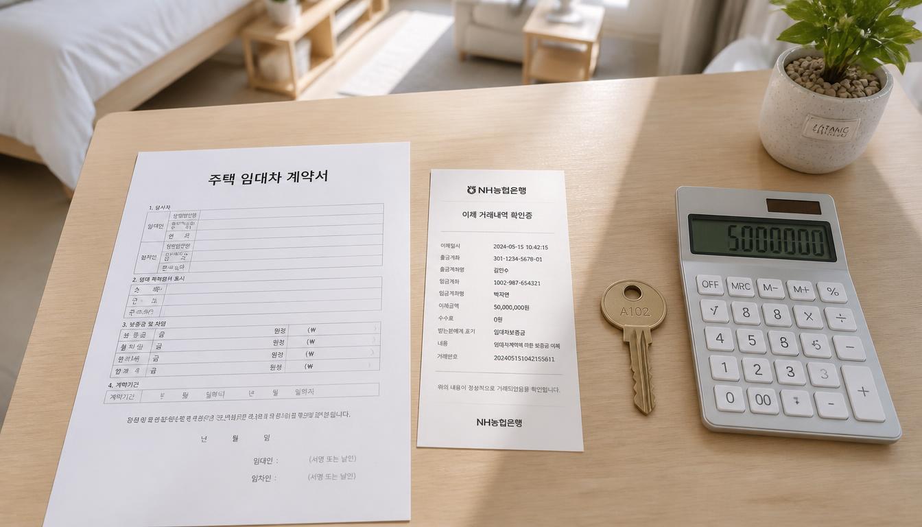 채광이 화사하게 들어오는 모던한 원룸 오피스텔 자작나무 책상 위에 표준 임대차 계약서와 계좌이체 영수증, 열쇠, 은색 계산기가 정갈하게 놓여 있는 감성 사물 컷.