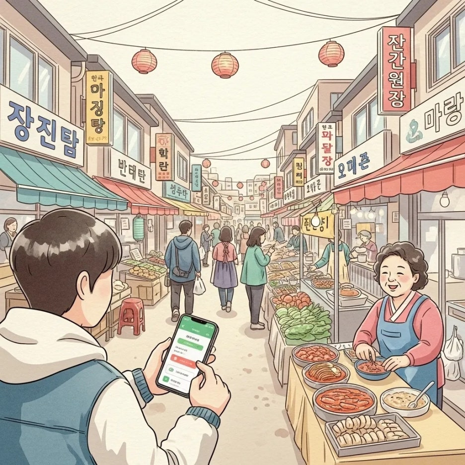 지역 상점에서 모바일 결제하는 사람의 모습