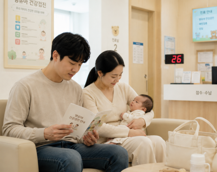 신생아 영유아 건강검진 대기 중인 부모와 아기 모습, 육아 정보 이미지