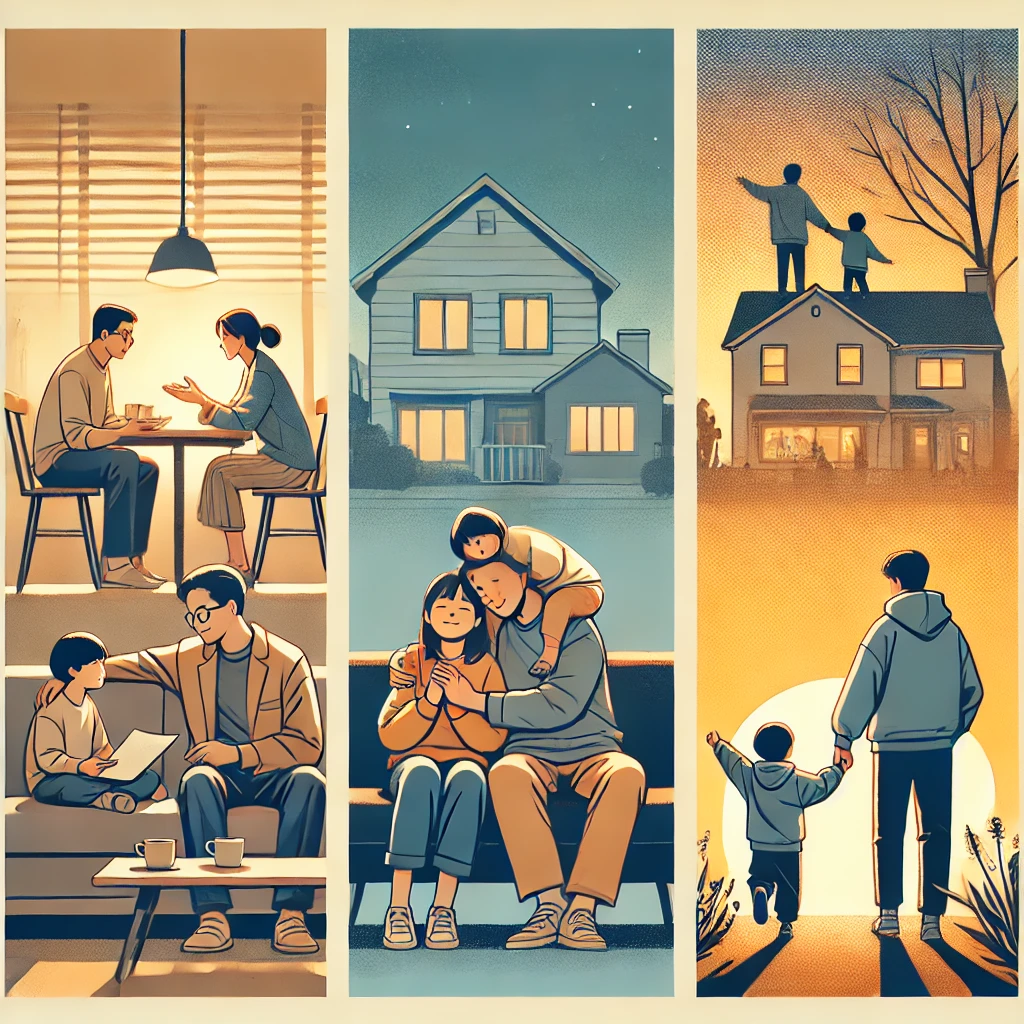 가족이 거실 소파에 앉아 아이를 따뜻하게 안아주며 위로하는 장면. 부모는 진심 어린 사랑과 지지를 표현하며&amp;#44; 아늑한 분위기가 느껴짐.