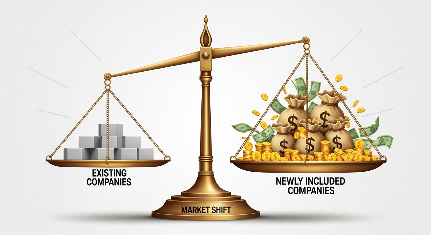 Graphic of a scale with 'Existing Companies' on one side and 'Newly Included Companies' on the other, tipping towards the new ones with money bags piling up.