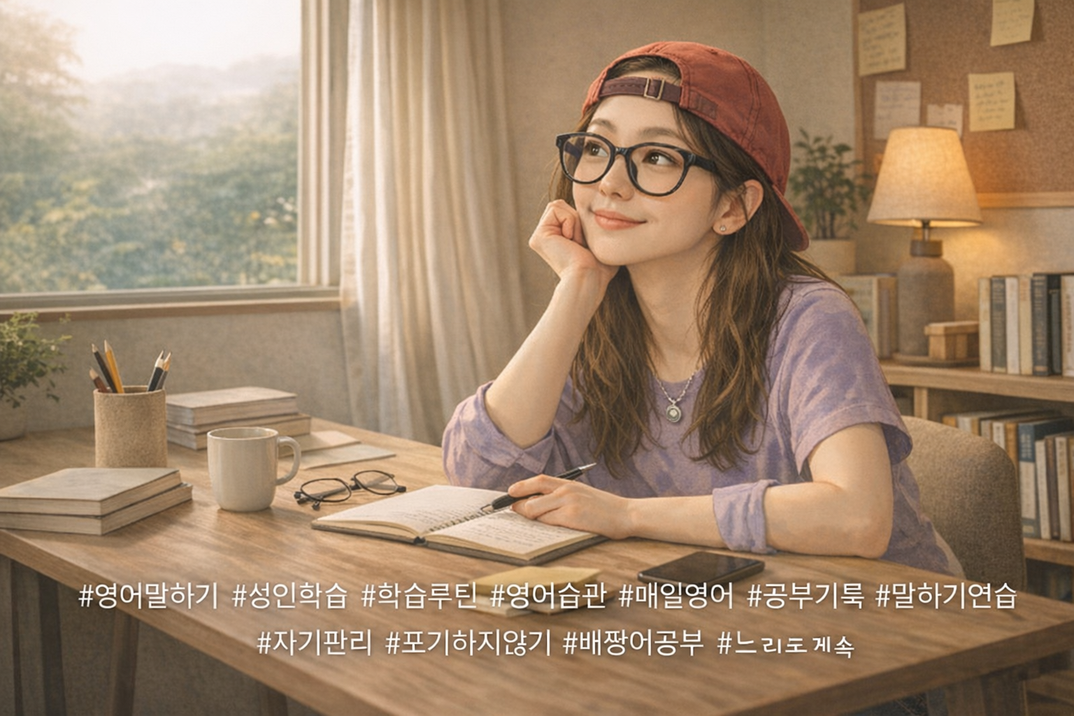 안경을 쓰고 캡을 거꾸로 쓴 여성이 부드러운 표정으로 생각에 잠겨 있는 일러스트 초상 이미지