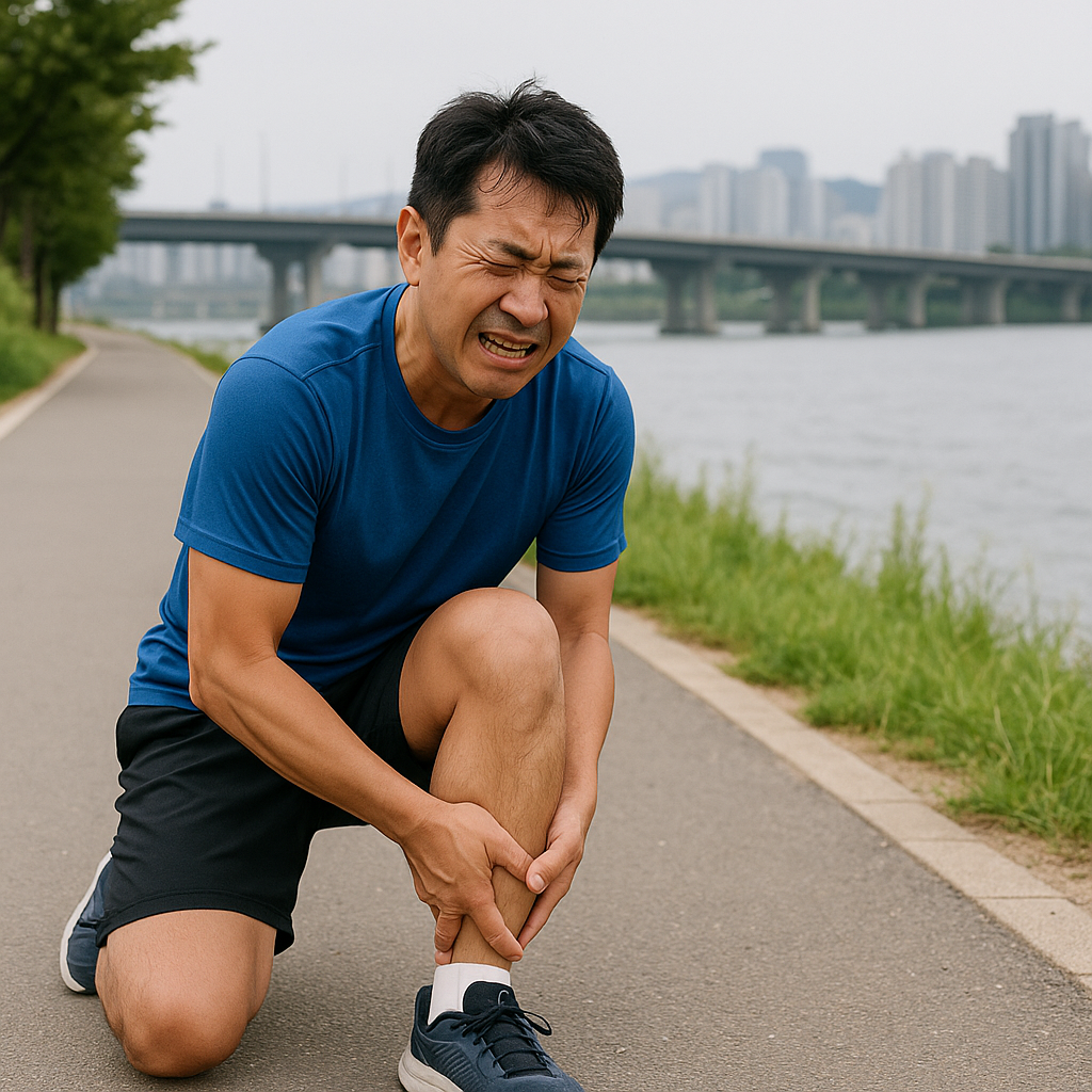 운동 중 다리 통증에 주저앉은 남자