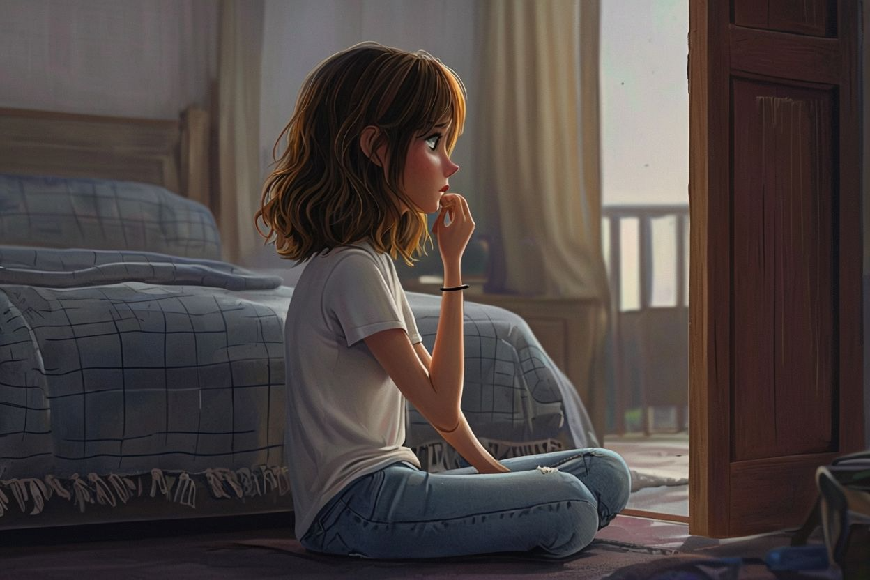 어두운 방에서 창 밖을 보는 소녀