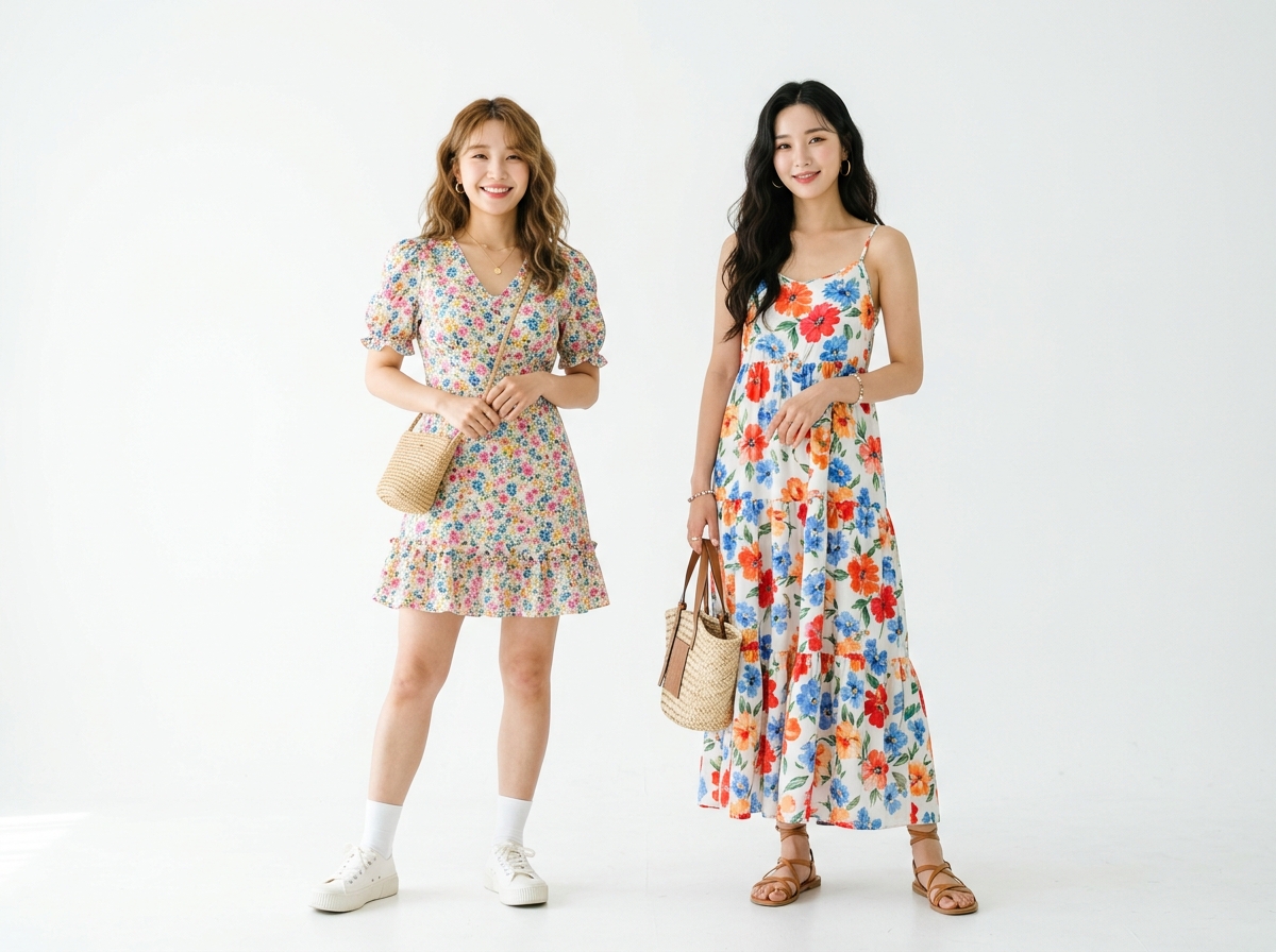 Two Korean fashion models side by side, one wearing mini floral dress with sneakers, other wearing maxi floral dress with sandals, bright white studio background, summer fashion lookbook style