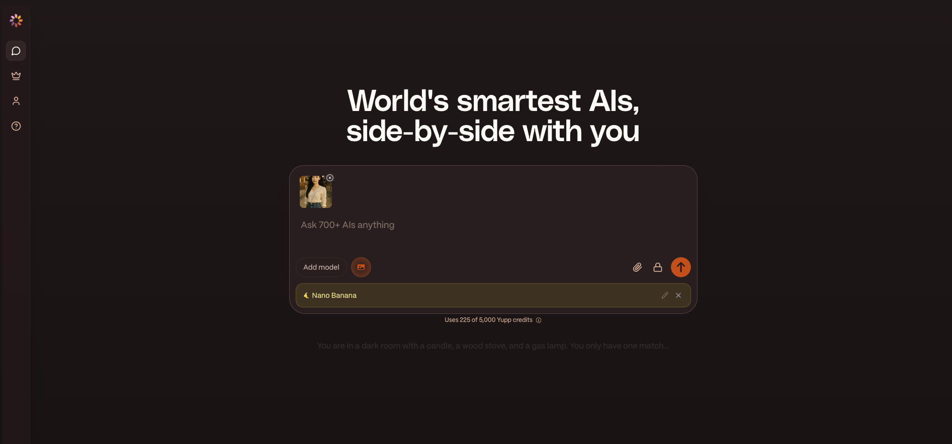 Yupp AI에서 나노 바나나 모델 선택 후 이미지 첨부한 화면