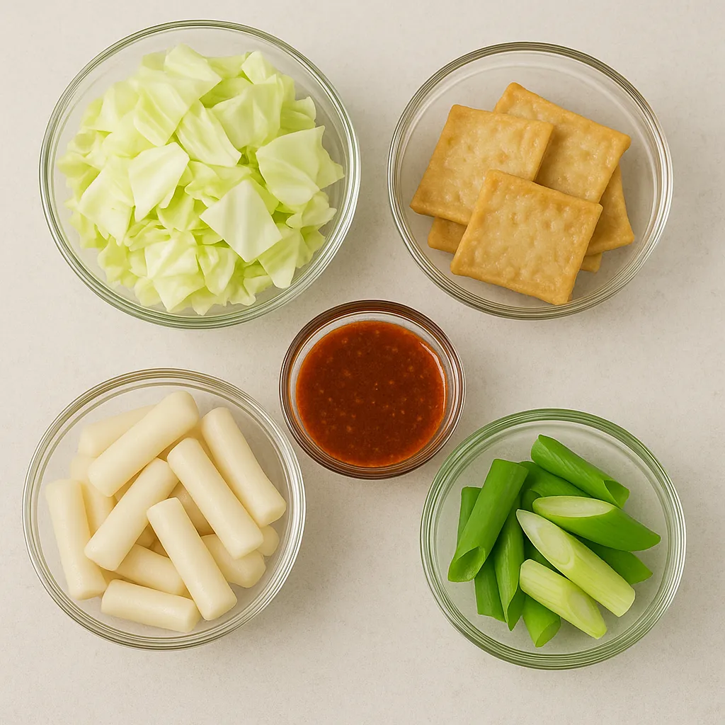 양배추 떡볶이 재료를 담은 준비된 그릇들