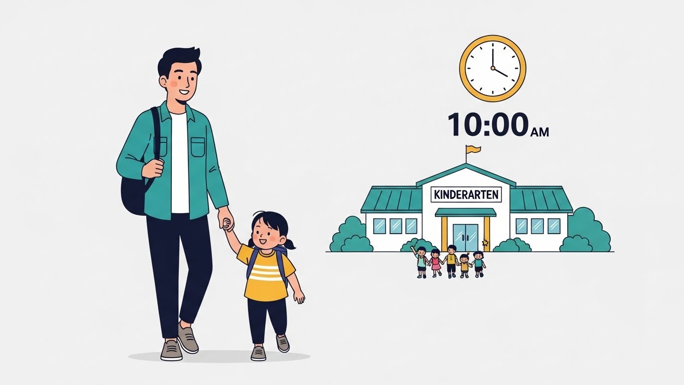 육아기 10시 출근제 덕분에 여유롭게 아이의 손을 잡고 유치원으로 가는 부모의 행복한 모습