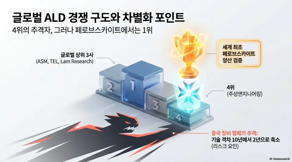 주성엔지니어링 주가 전망: 글로벌 ALD 장비 시장 경쟁 구도를 시상대로 표현한 인포그래픽. 글로벌 상위 3사인 ASM과 도쿄일렉트론과 램리서치가 1위부터 3위까지 배치되어 있고 주성엔지니어링은 4위이지만 세계 최초 페로브스카이트 양산 검증이라는 차별화 포인트를 트로피로 보유하고 있다. 하단에는 중국 장비 업체의 기술 격차가 10년에서 2년으로 축소되었다는 리스크 요인이 표시되어 있다