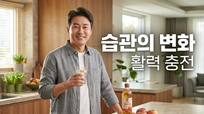 주방에서 식초가 들어간 물을 마시며 밝게 웃는 남성의 모습과 습관의 변화로 활력 충전을 제안하는 일상 이미지
