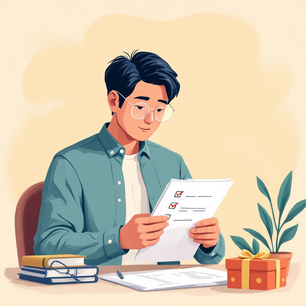 증여세 체크리스트를 검토하는 남성 일러스트