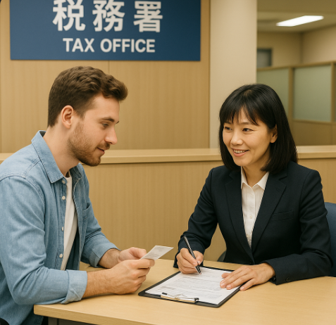 세금 신고를 위해 세무서 창구에서 상담하는 모습