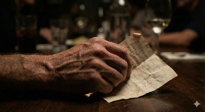 어두운 조명의 식당 테이블 위, 거친 남자의 손에 들려 있는 낡고 구겨진 종이 쪽지 클로즈업