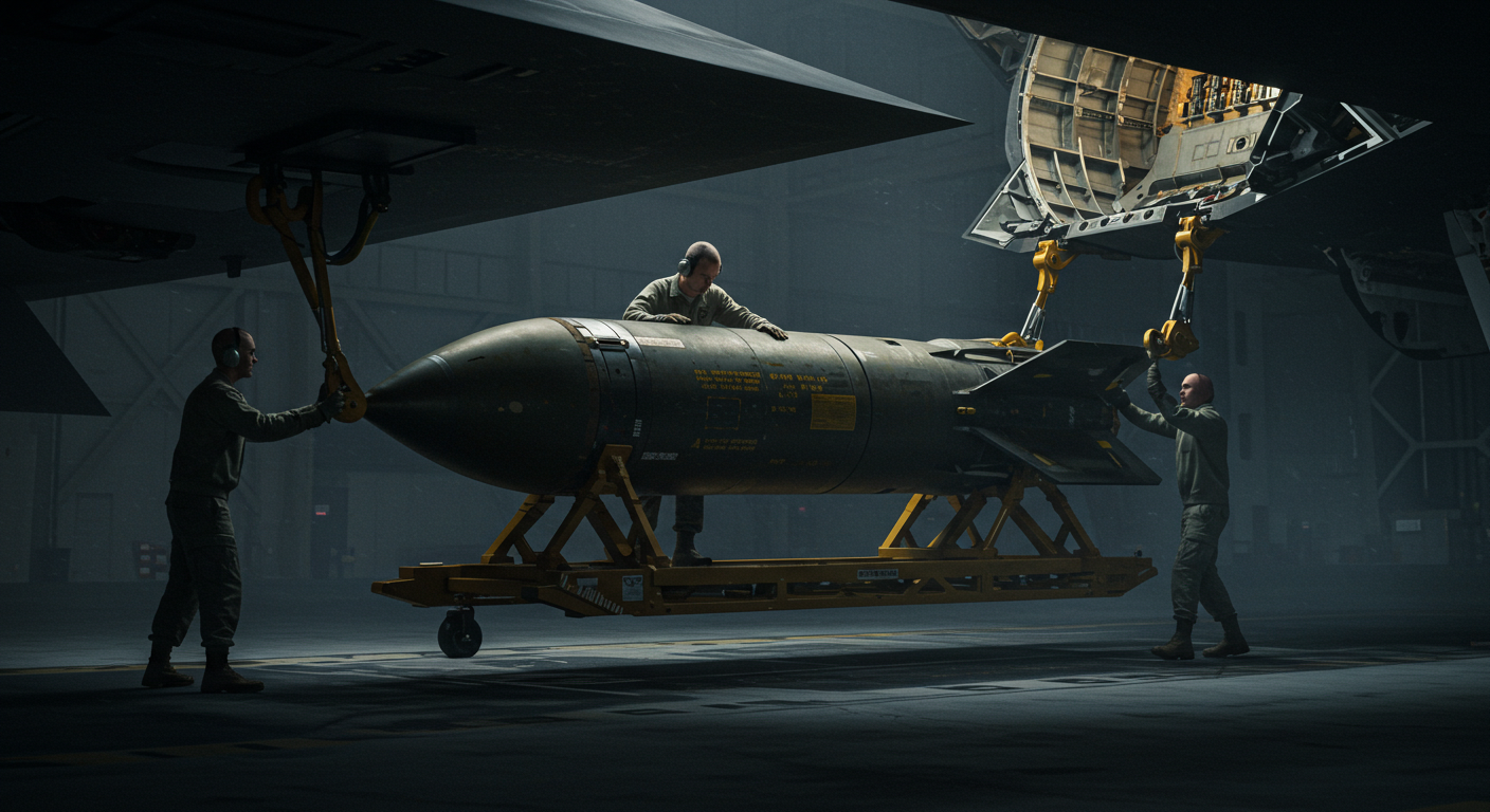 거대한 GBU-57 벙커버스터 폭탄이 B-2 스피릿 스텔스 폭격기의 폭탄창에 탑재되는 순간