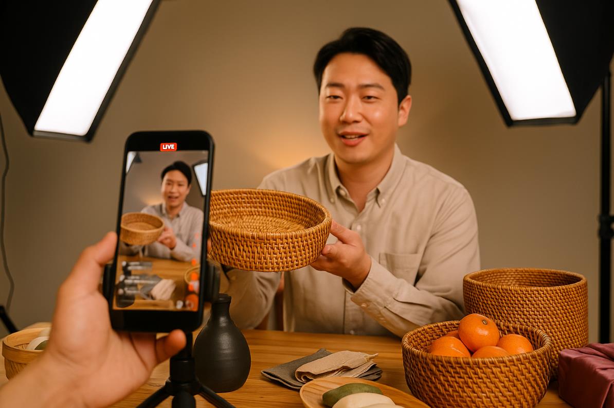 조명이 설치된 작은 스튜디오에서 소상공인이 직접 상품을 소개하는 라이브커머스 방송 장면