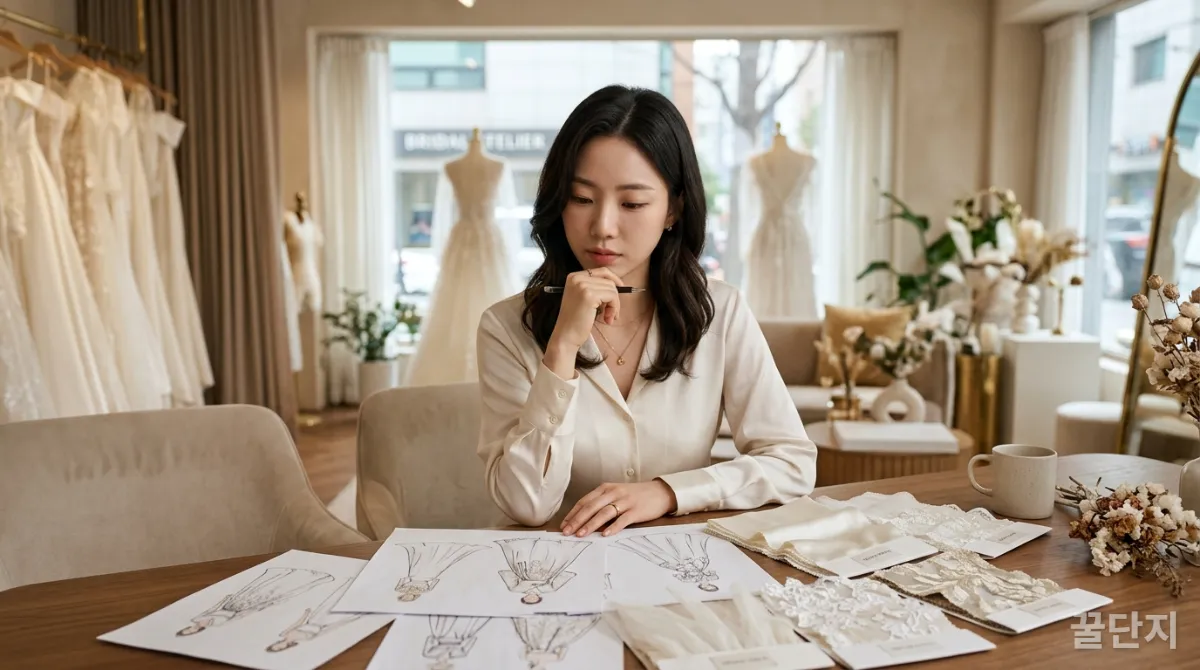 웨딩드레스 선택을 위해 신중하게 고민하는 한국인 신부의 모습