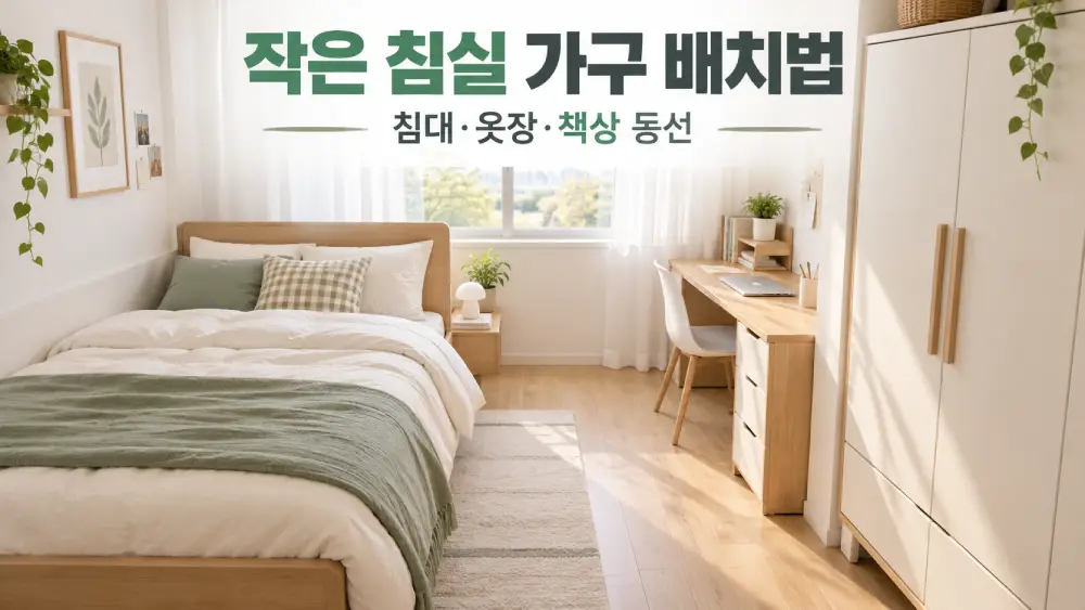 작은 침실 가구 배치법을 보여주는 인테리어 이미지. 침대를 왼쪽 벽면에 배치하고 오른쪽에는 책상과 옷장을 배치해 이동 동선을 확보한 밝은 우드톤 침실.