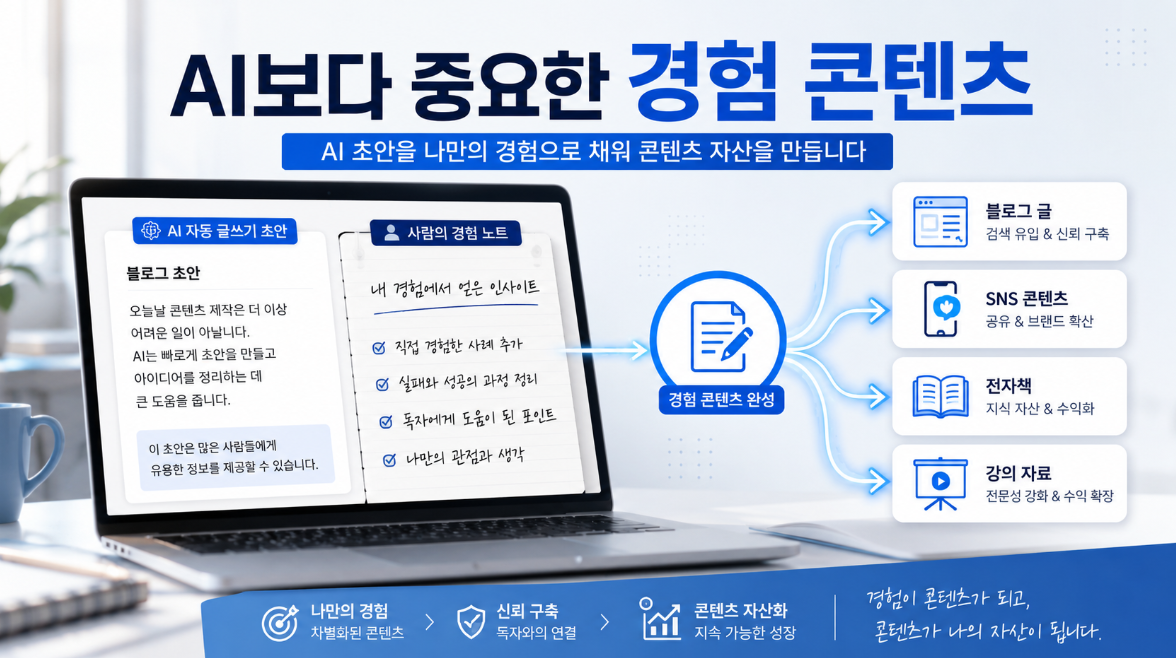 AI 자동 글쓰기보다 내 경험을 콘텐츠 자산으로 바꾸는 방법을 설명하는 썸네일 이미지