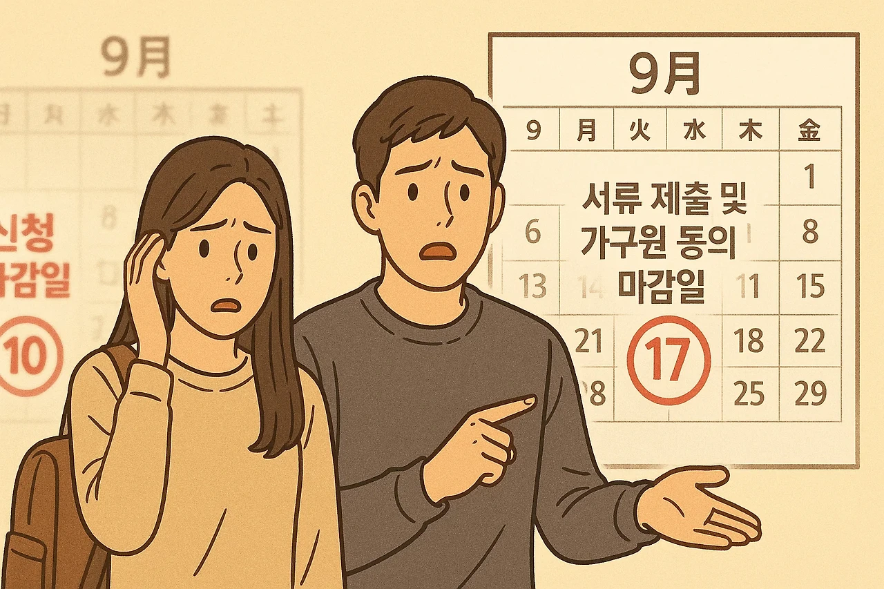 좌측에는 9월 10일 신청 마감일이 빨간색으로 표시된 흐릿한 달력이 있고, 우측에는 9월 17일 서류 제출 및 가구원 동의 마감일이 강조된 달력이 있다
