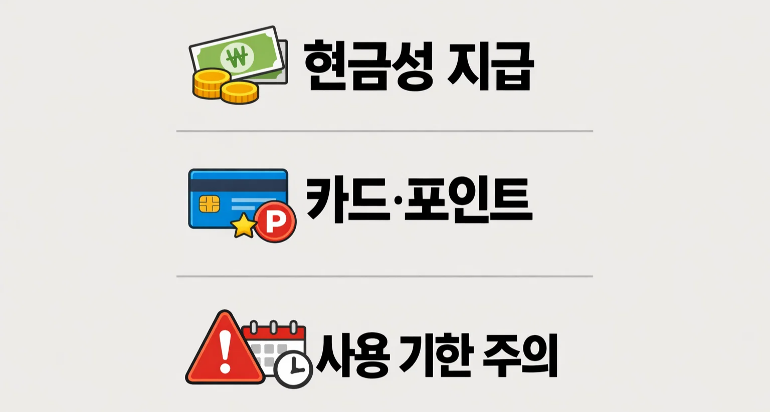 설명절 민생지원금 현금성 지급과 카드&middot;포인트 지급 차이, 사용 기한 주의사항까지 함께 정리한 이미지