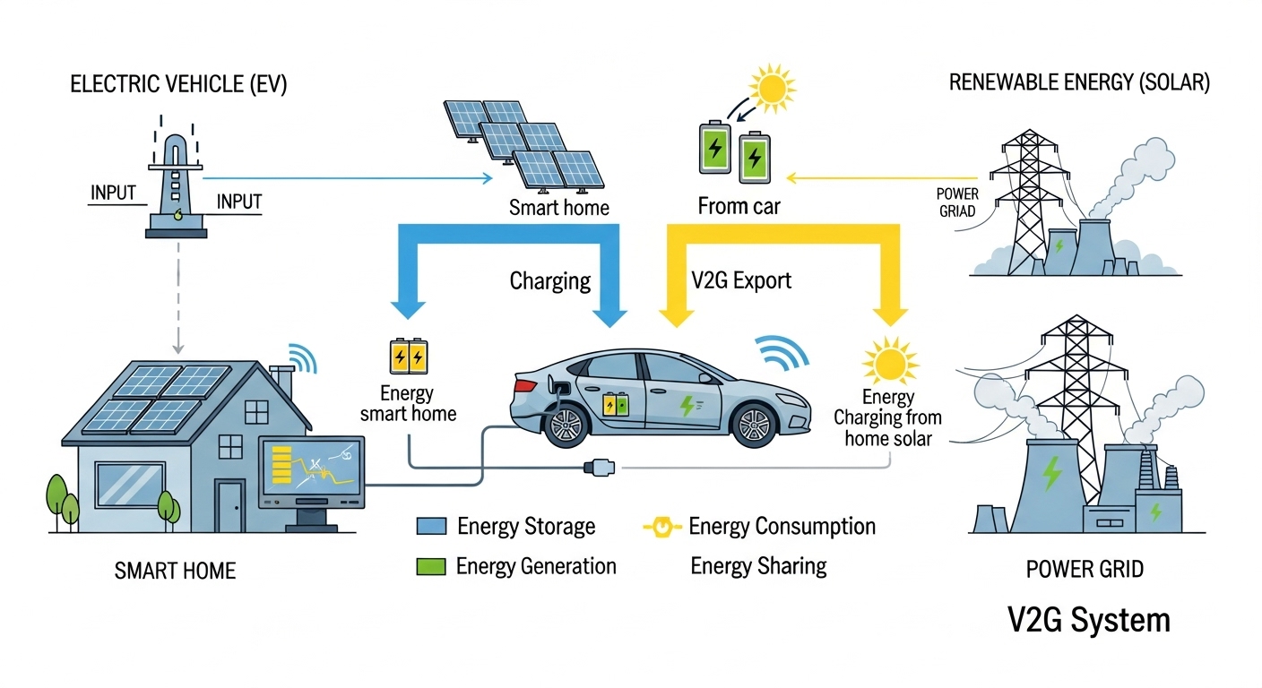 V2G(차량-그리드) 기술을 도식화한 인포그래픽: 전기차가 전력망과 양방향으로 에너지를 주고받는 모습.