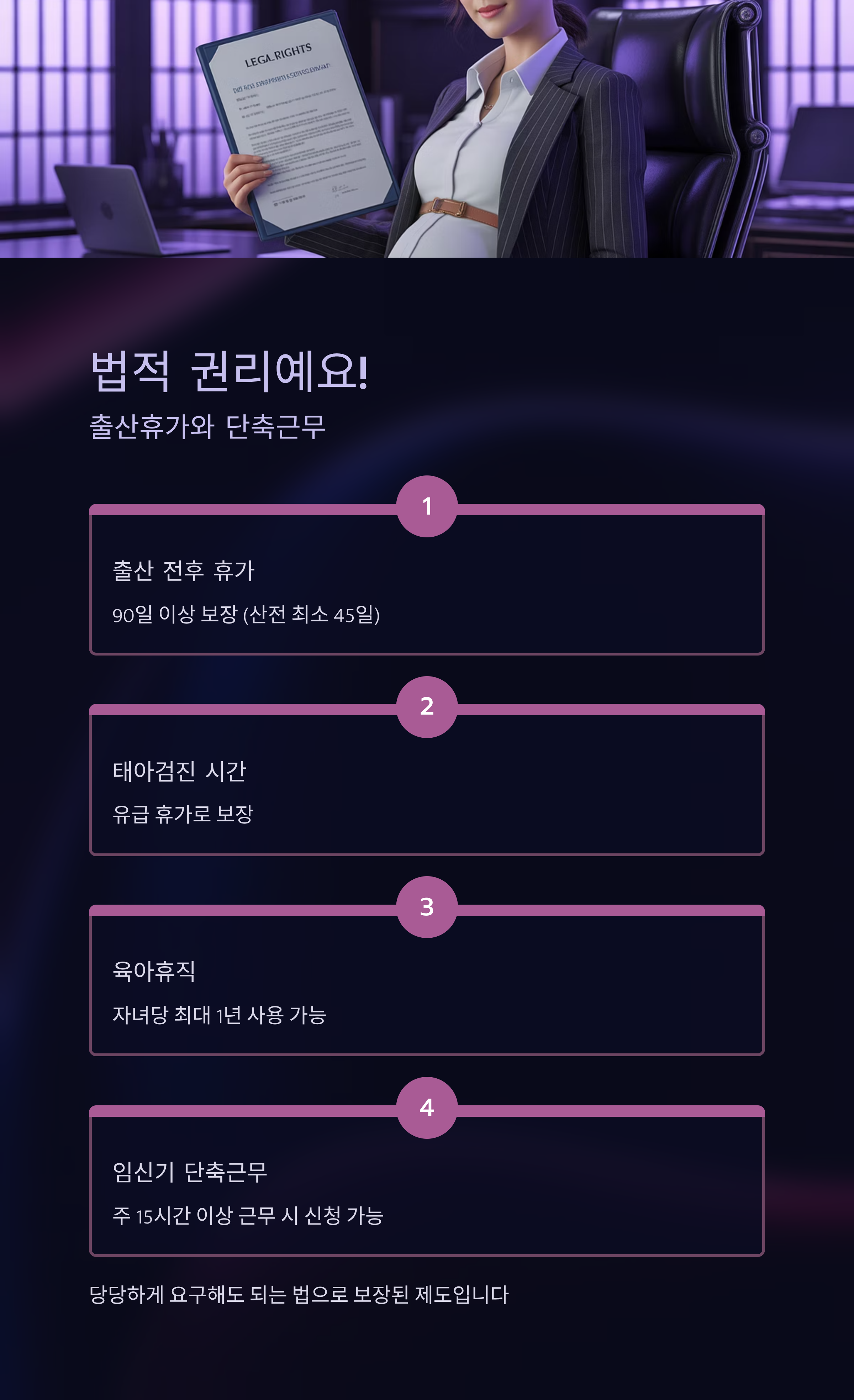 임산부가 서류를 들고 있는 사무실 장면 위로 ‘법적 권리예요!’라는 문구와 함께 출산휴가, 태아검진 유급휴가, 육아휴직, 단축근무 등 임산부의 법적 권리를 정리한 정보 이미지