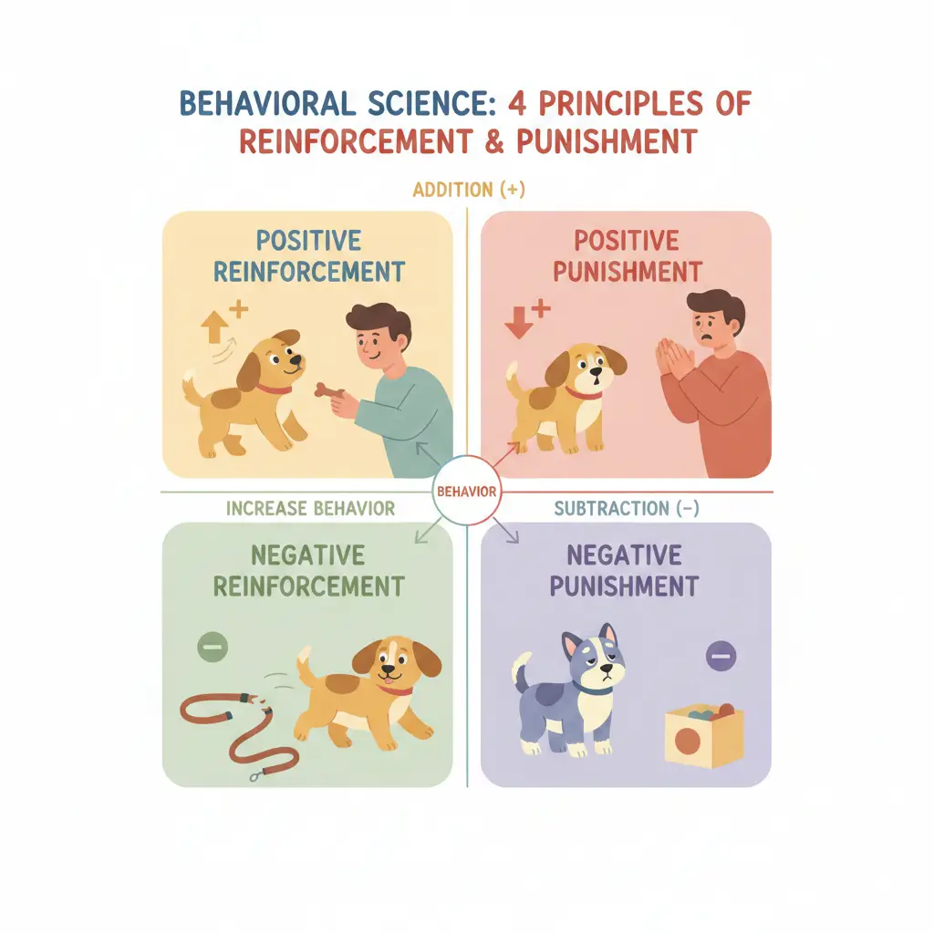 긍정 강화 훈련의 4가지 원칙, 긍정 강화, 긍정 처벌, 부정 강화, 부정 처벌의 4가지 사분면을 보여주는 행동 과학 다이어그램