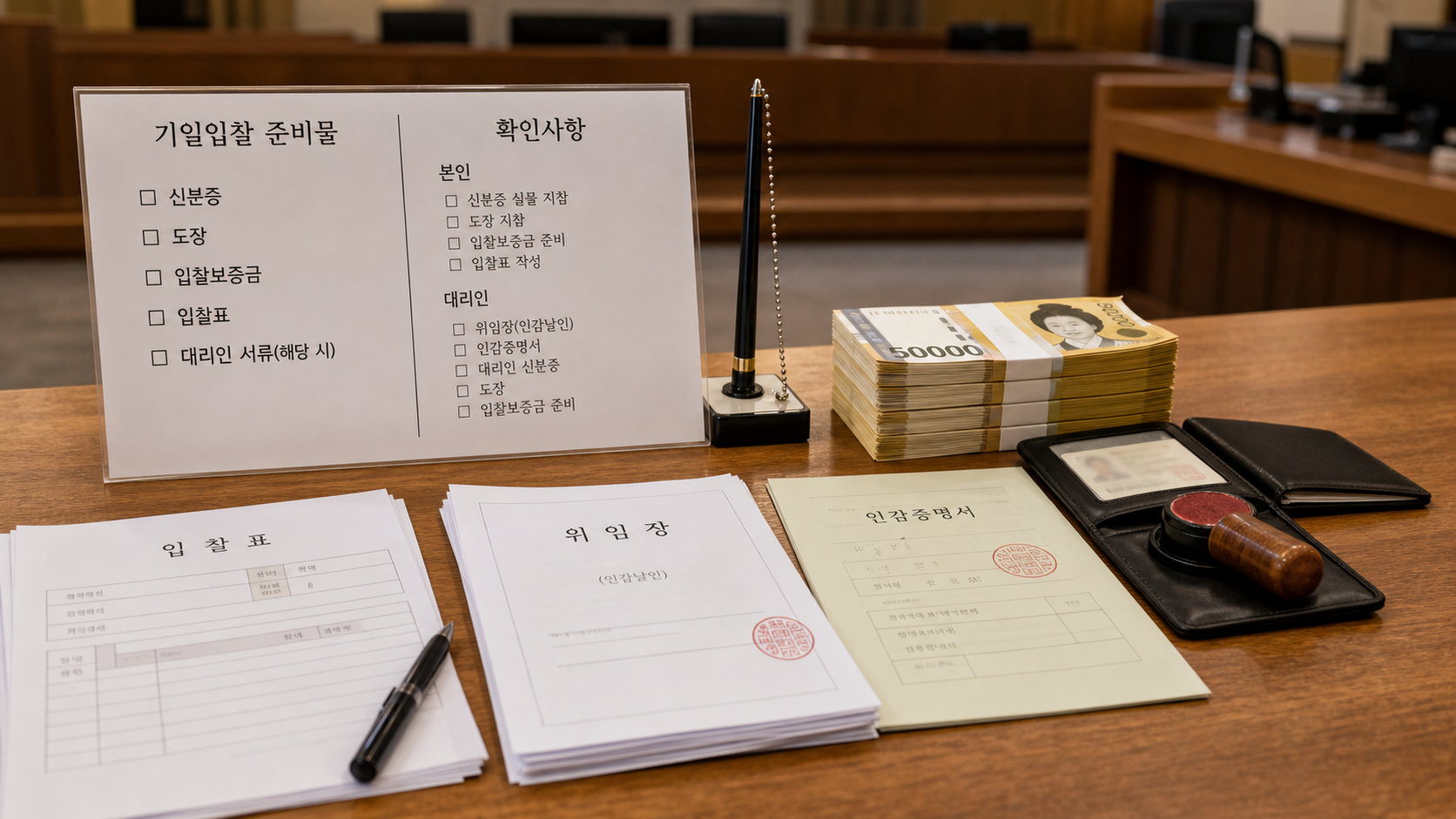 신분증와 도장를 법원 서류에서 확인하는 모습