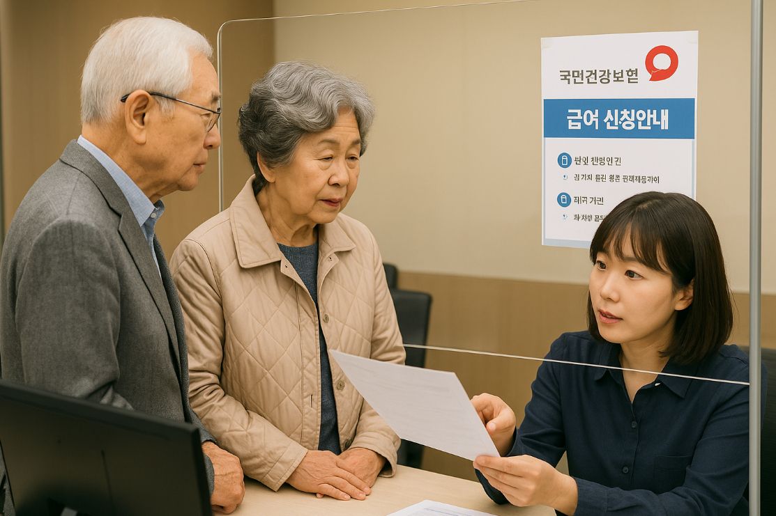 건강보험공단 지역지사 민원실에서&amp;#44; 노부부가 접수창구에 서서 직원에게 보조기기 급여 신청서류를 상담받고 있는 모습