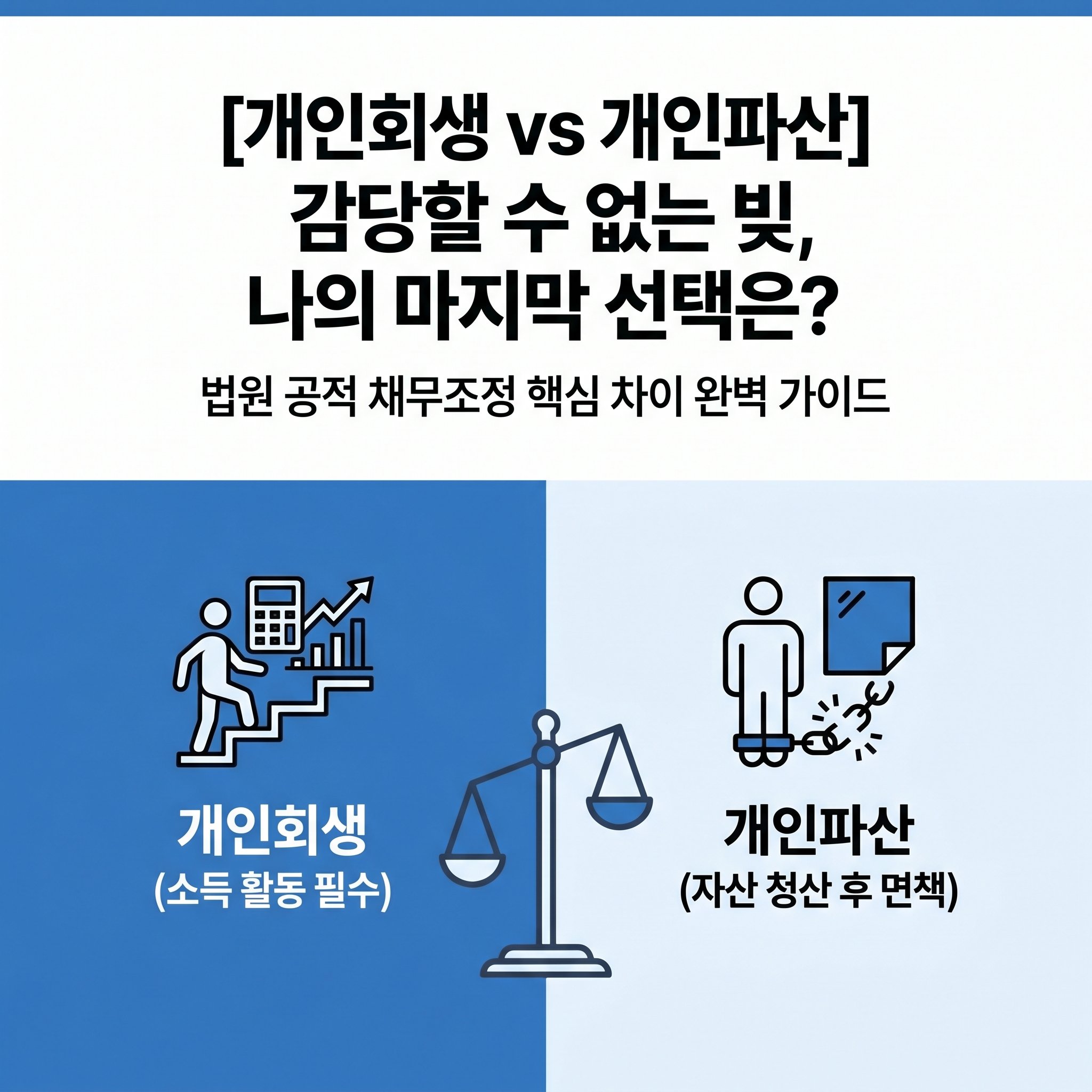 [개인회생 vs 파산] 감당 못 할 빚, 나의 마지막 선택은? 법원 '개인회생'과 '개인파산' 결정적 차이