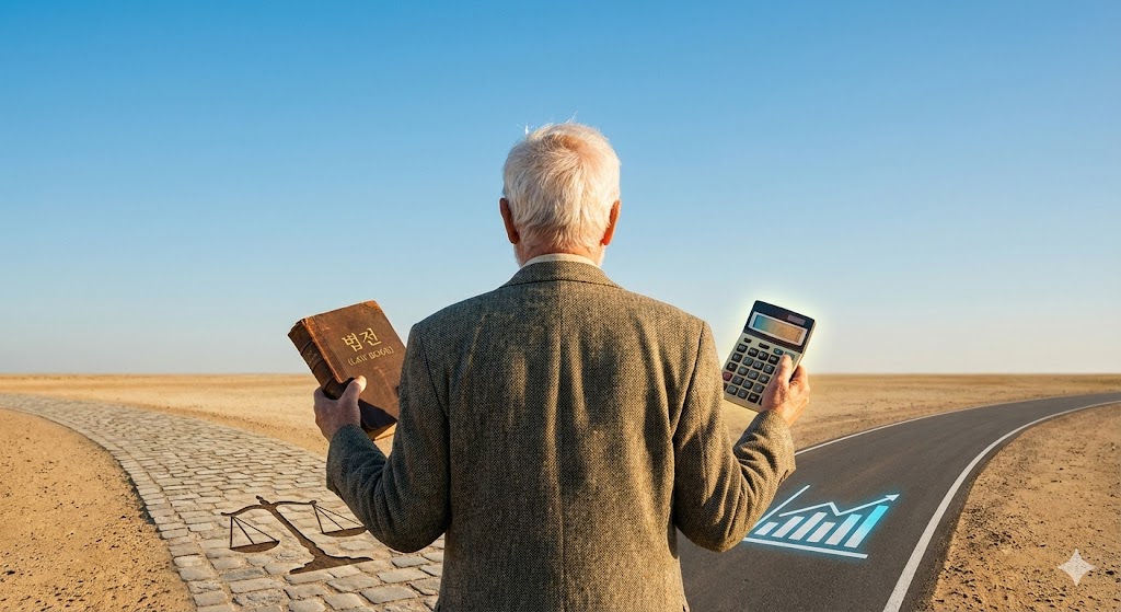 두 갈래 길(일시금 vs 연금) 앞에서 법전과 계산기를 꼼꼼히 대조해보는 지혜로운 은퇴자의 뒷모습