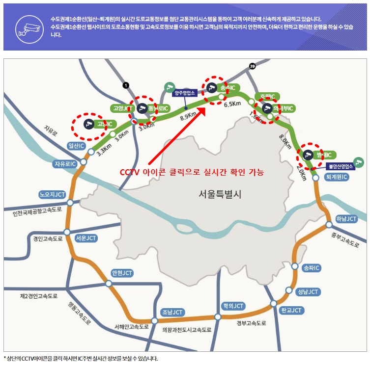 수도권 제1순환고속도로 주요 나들목 인터체인지 지점에 촘촘하게 마운팅되어 계측을 수행 중인 교통관제 전용 스피드돔형 실물 CCTV 하드웨어 외형 카메라 컷