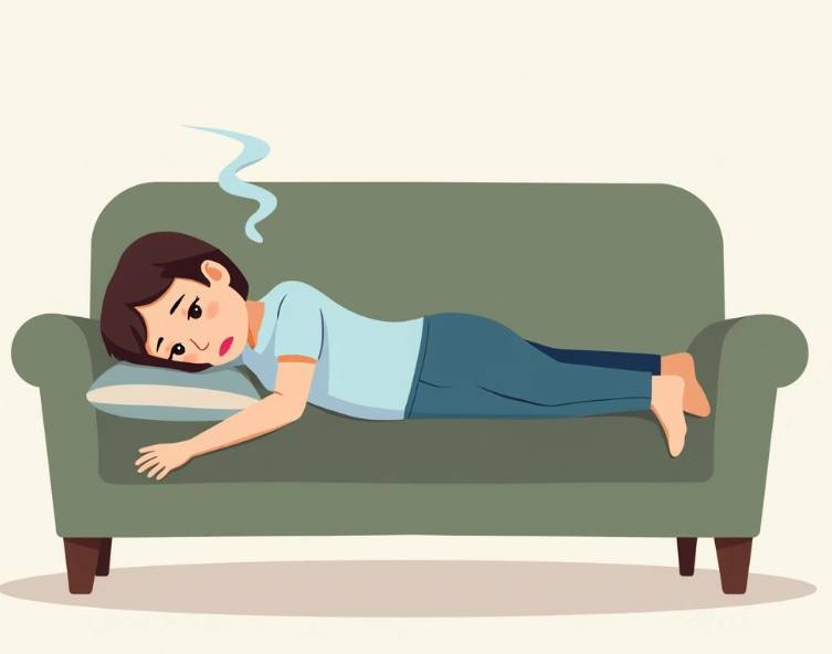 만성피로로 고통받는 사람의 모습을 보여주는 일러스트레이션. 피곤에 지친 표정과 자세로 소파에 누워있는 모습이 표현되어 있습니다.