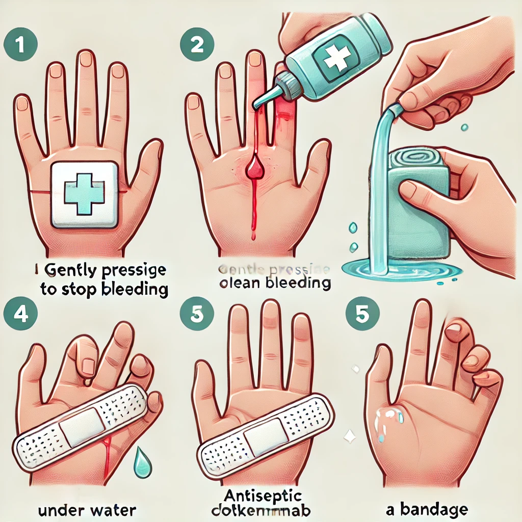 손에 난 작은 상처를 응급처치하는 4단계 과정 &ndash; 거즈로 지혈, 물로 세척, 소독약 바르기, 밴드 붙이기 일러스트