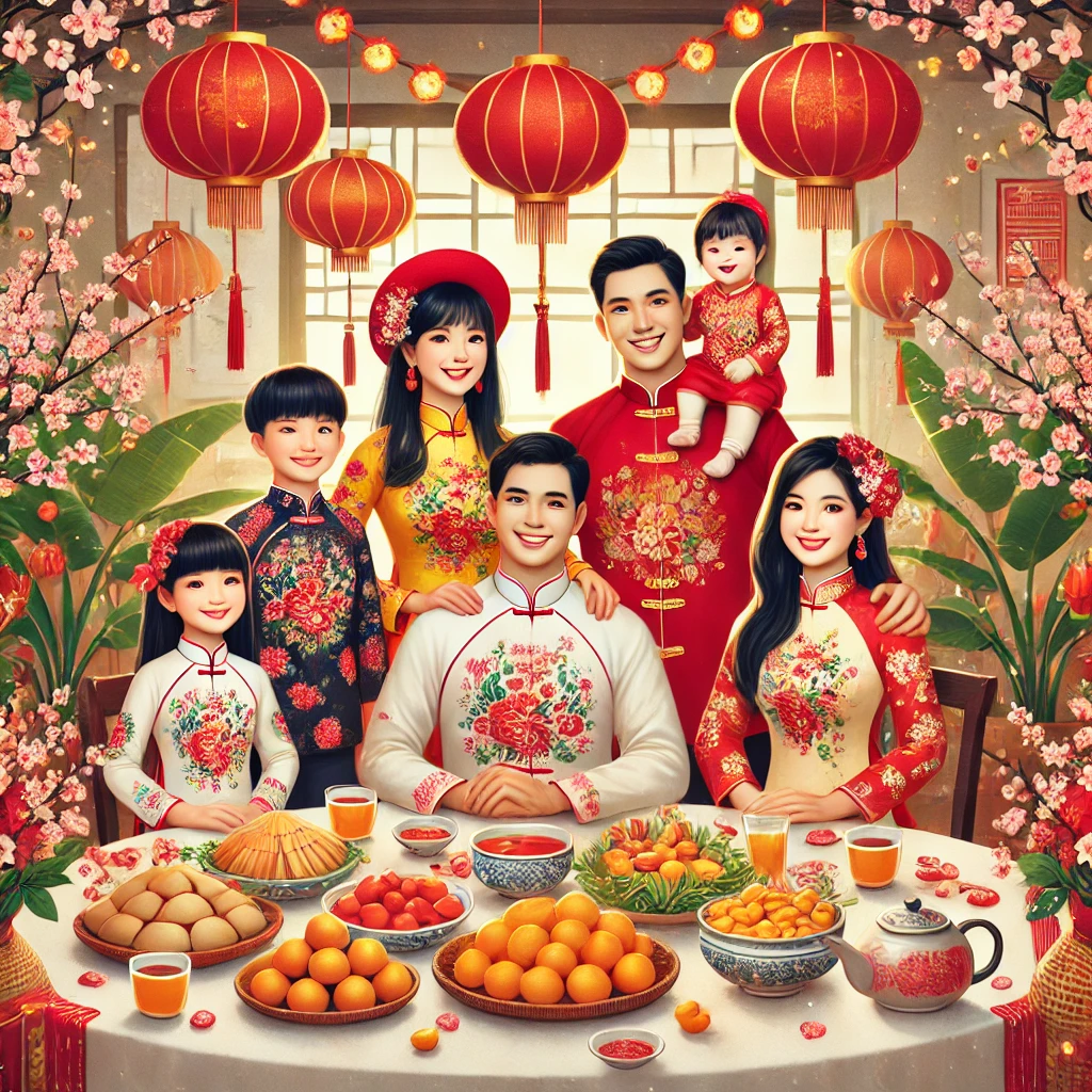 전통 의상을 입고 가족과 함께 뗏 축제를 즐기는 모습