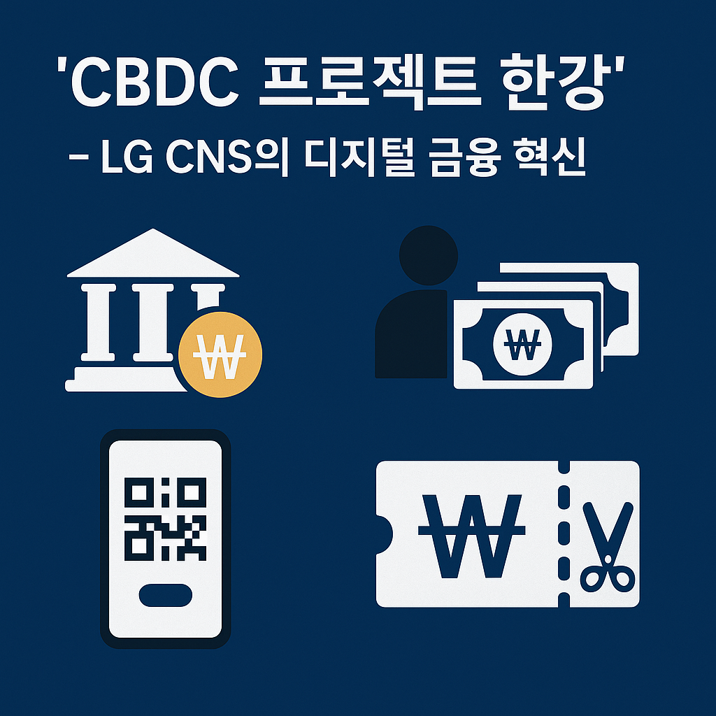 LG CNS가 참여한 CBDC 프로젝트 한강의 핵심 개념을 나타내는 미니멀 아이콘 이미지