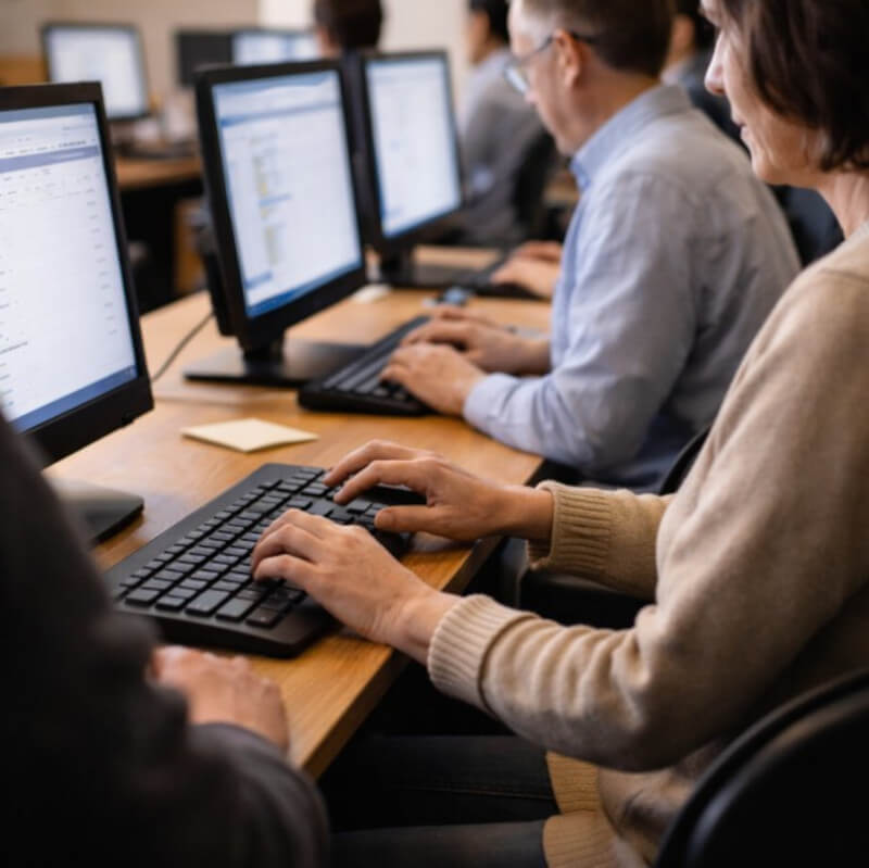 컴퓨터 학원에서 성인들이 조심스럽게 키보드를 누르며 수업을 듣는 장면