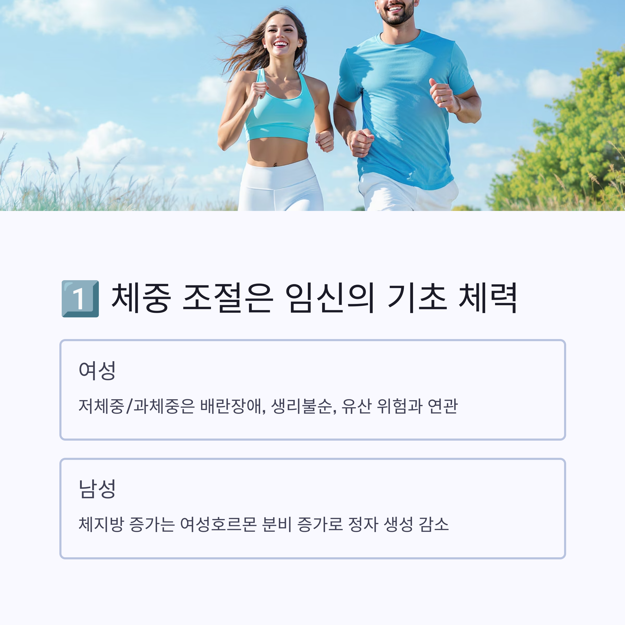 야외에서 함께 달리는 남녀 이미지와 함께, 체중 조절이 임신 준비에 중요한 이유(저체중/과체중의 영향)를 설명하는 인포그래픽 이미지