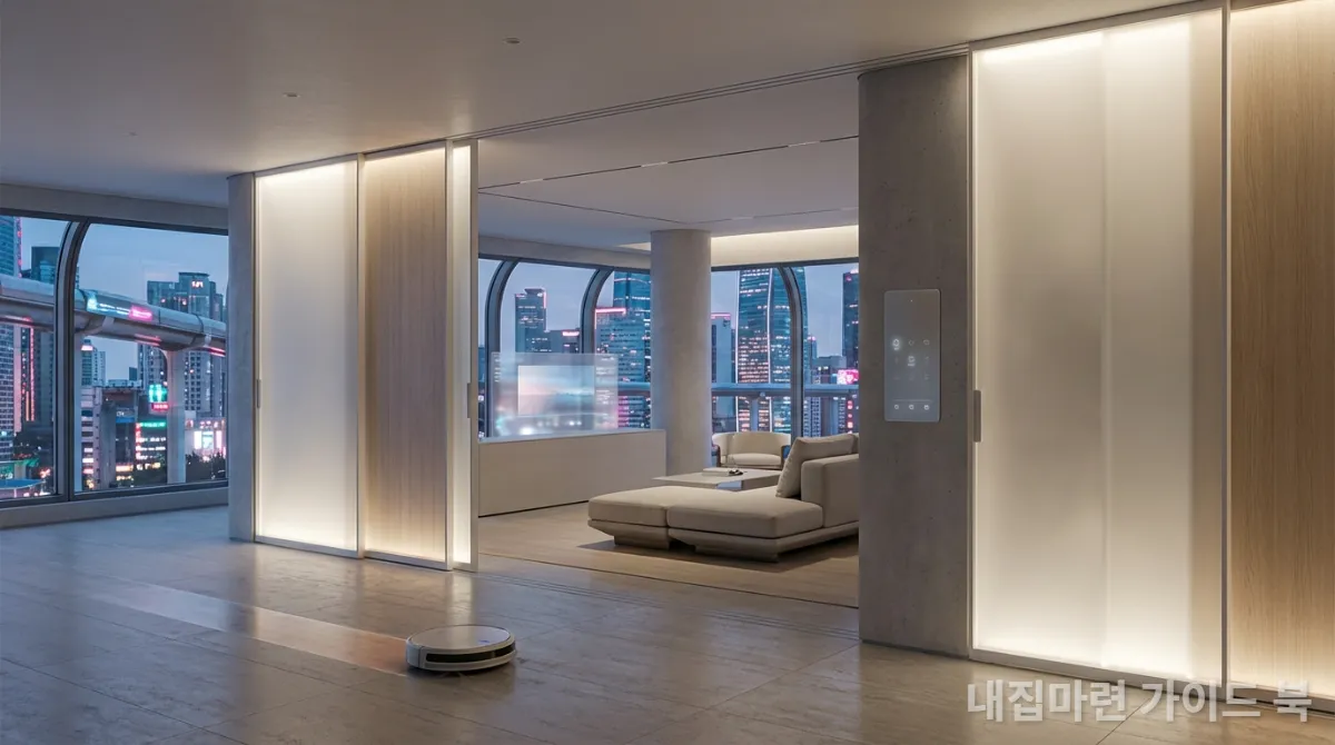 가변형 벽체와 스마트홈 기술이 적용된 미래지향적인 한국 아파트 내부