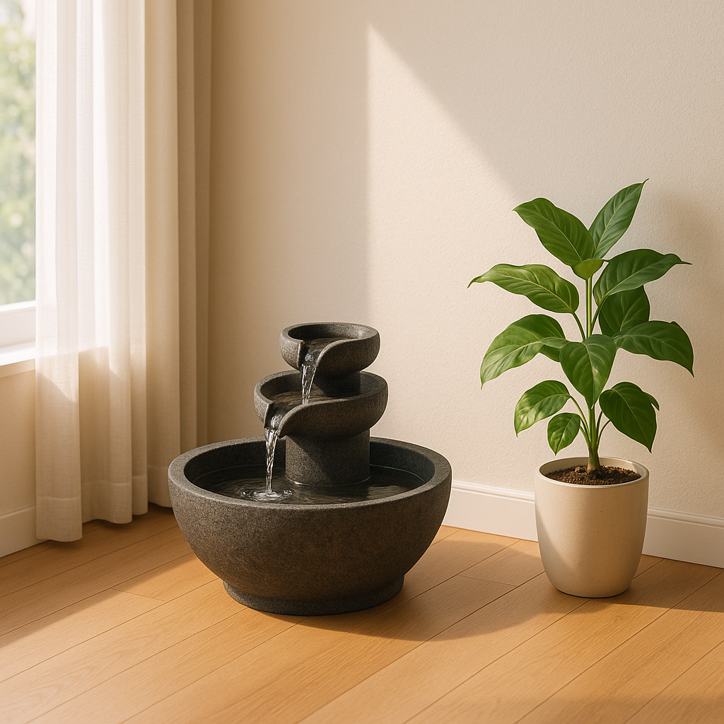 거실 한쪽에 작은 분수대와 식물이 있는 밝은 인테리어