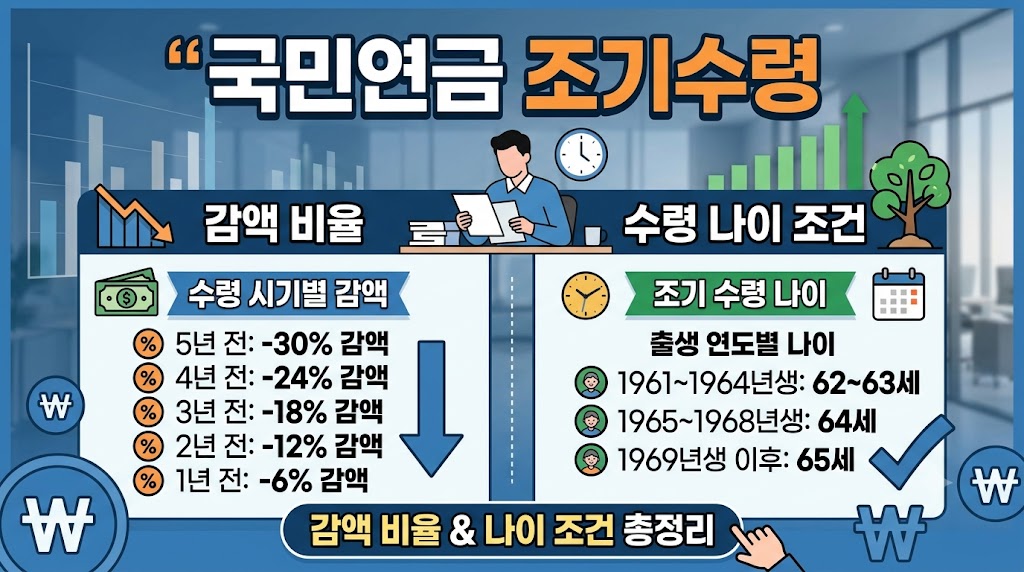 국민연금 조기수령"이라는 큰 제목과 함께 수령 시기별 감액 비율과 수령 나이 조건을 인포그래픽으로 정리한 썸네일 이미지. 왼쪽에는 1년부터 5년 전 수령 시 -6%에서 -30%까지의 감액 비율이 하향 화살표와 함께 표시되어 있고, 오른쪽에는 출생 연도별 조기 수령 나이 조건(1961~1964년생은 62~63세, 1965~1968년생은 64세, 1969년생 이후는 65세)이 달력 및 시계 아이콘과 함께 깔끔하게 정리되어 있습니다.